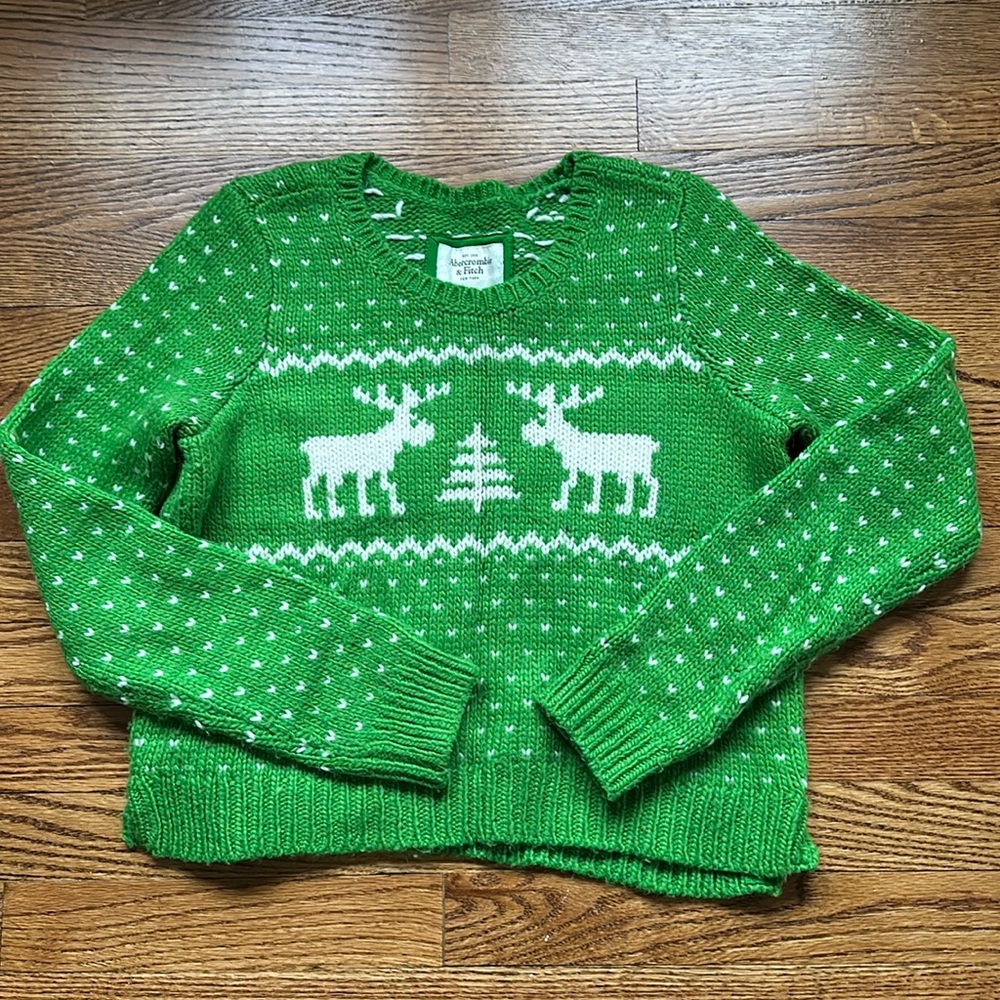 Abercrombie & Fitch Green and White Crew Neck Sweater